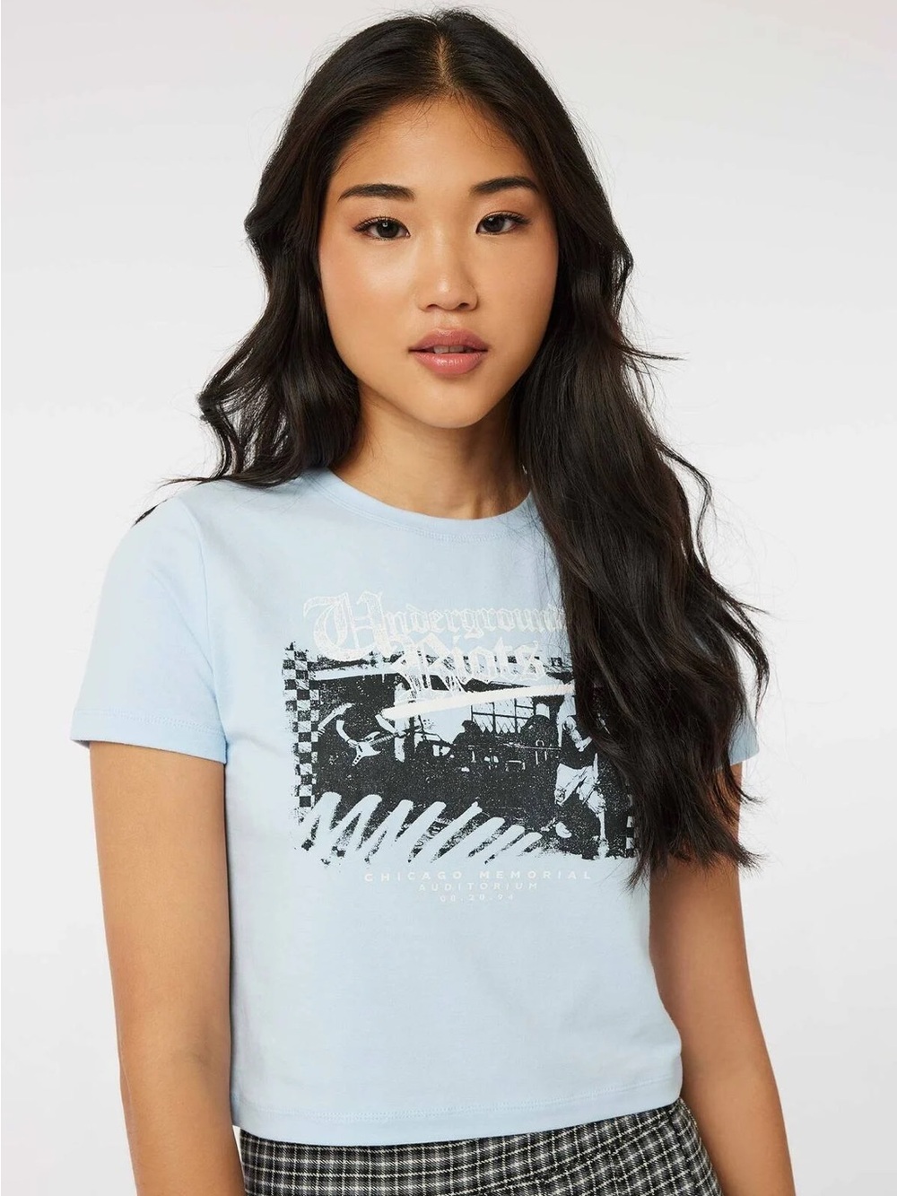 Ardene EUC Graphic Underground Crewneck Light Blue Baby Tee Crop Top Size Small